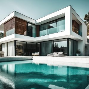 Design house - modern villa with open plan living and private bedroom wing. Large terrace with privacy and, swimming pool. Generative AI